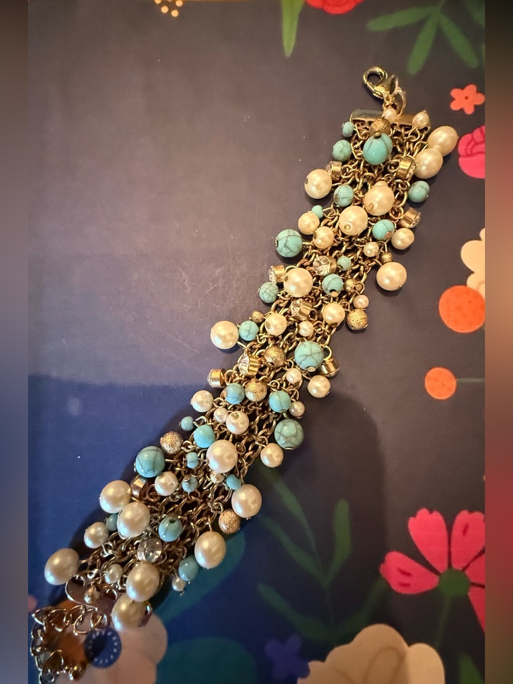 Gold-Tone Bracelet with Turquoise Beads and Pearls